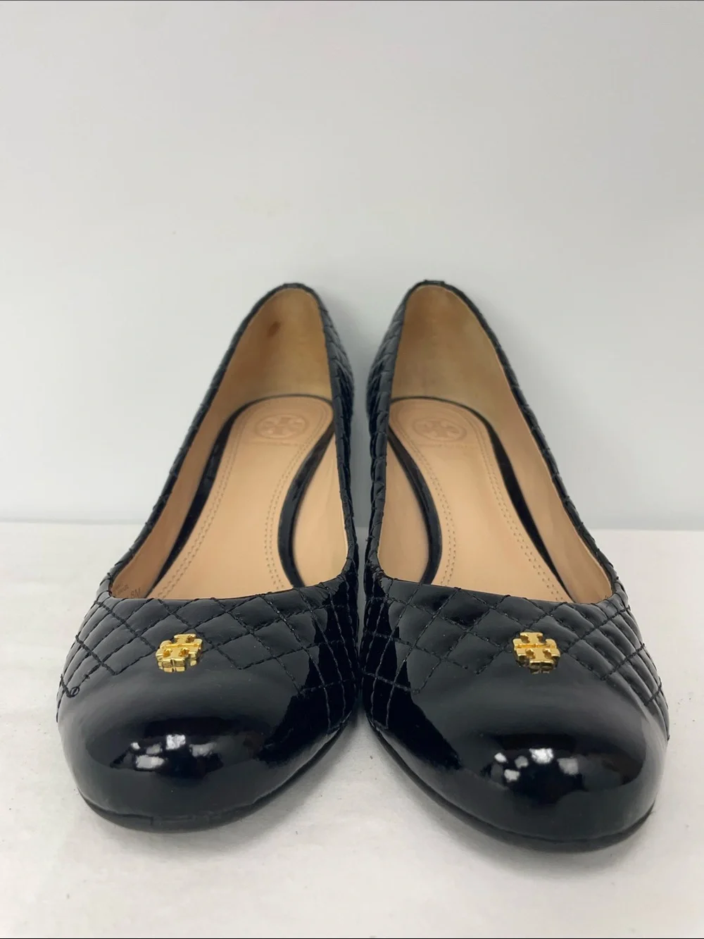 Tory Burch Black Quilted Patent Wedge Pumps, Size 8